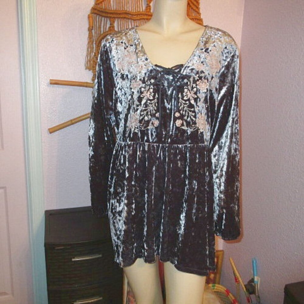 Velvet Renaissance Fairy Embroidered Babydoll Blouse Top XL Lace Up Peasant Boho